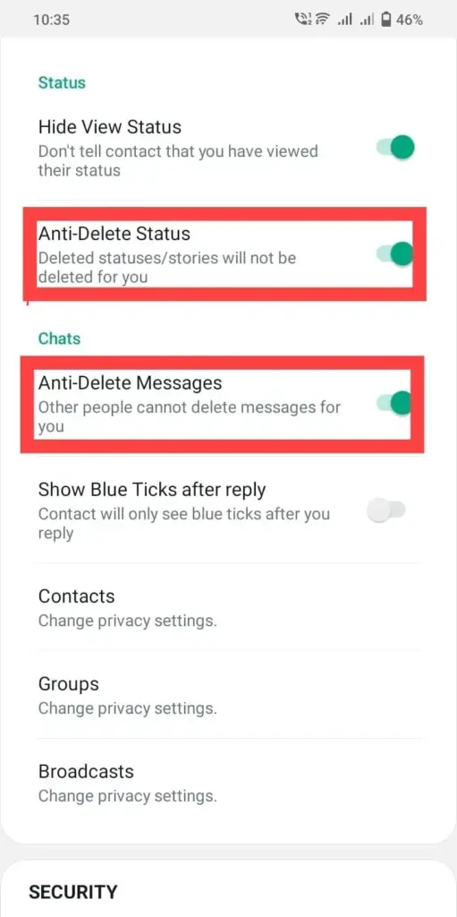 Anti-Delete messages and status setup on FM WhatsApp